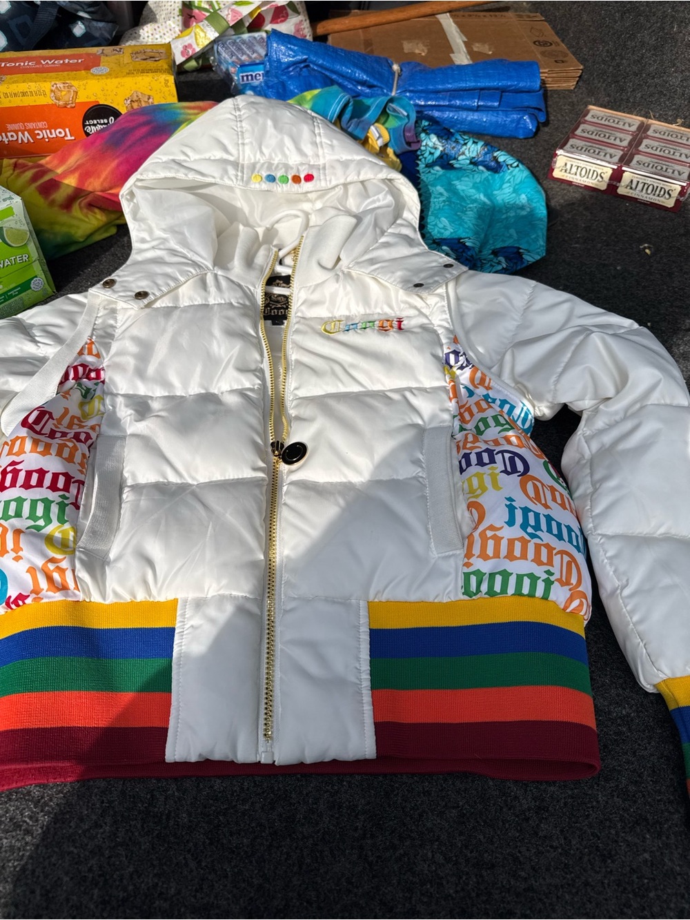 COOGI White Puffer Jacket with Rainbow Trim